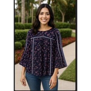 J.Jill Top Shirt Women M Blue Calico Floral Print Flowy 3/4 Sleeve Boho Peasant